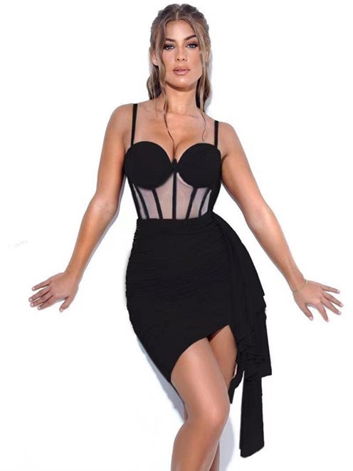 Sukienka krótka z marszczeniami ramiączka czarna