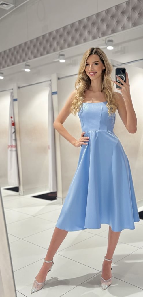 Sukienka midi prosta bez ramiączek błysk błękit