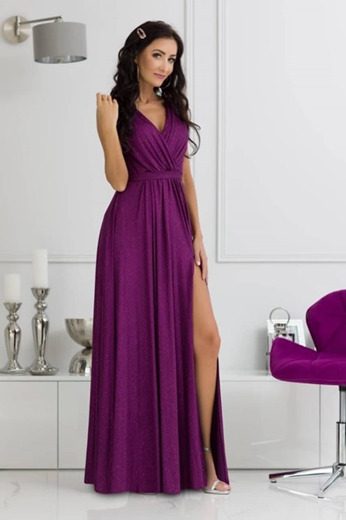 Długa sukienka fala dekolt brokat fiolet
