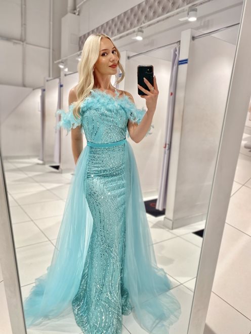 Sukienka długa rybka cekinowa tiul pióra mięta