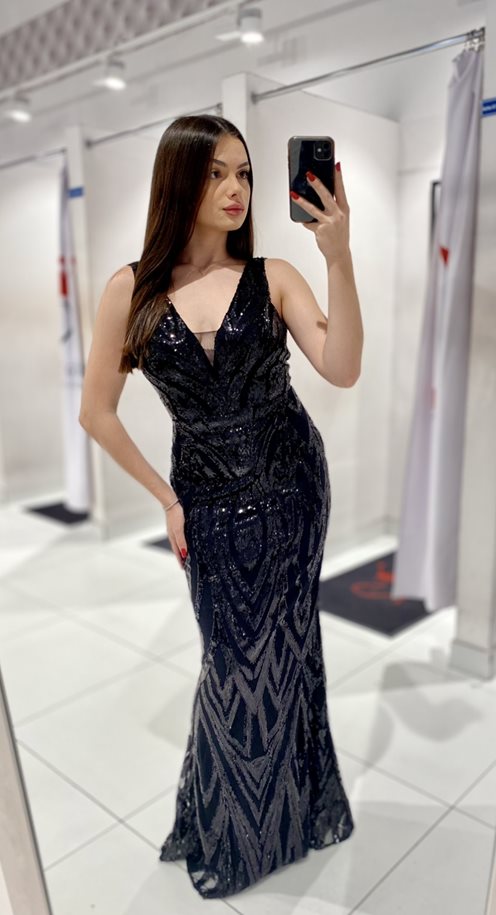 Sukienka długa cekiny siatka dekolt V czerń