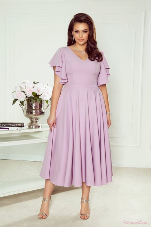 Sukienka midi gładka rękaw falbanki lila