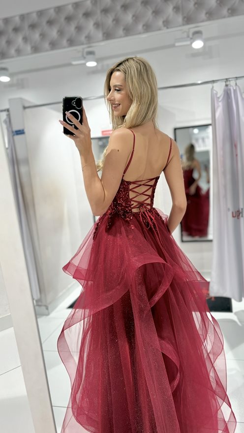 Sukienka długa falbany brokat tiul bordo