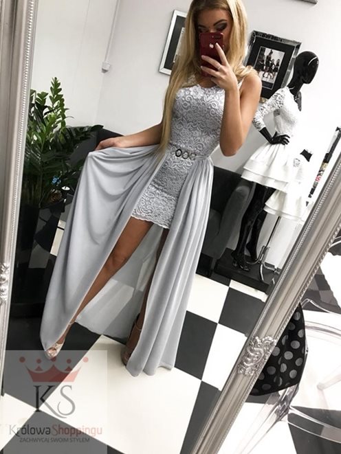 Dopasowana sukienka ze spódnicą szary