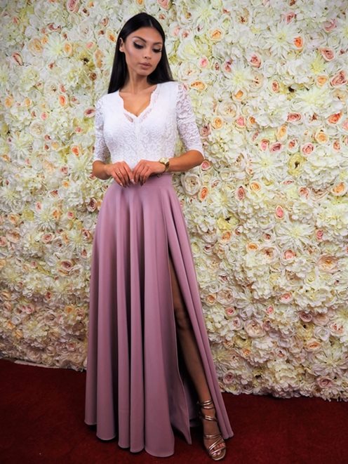 Długa sukienka plecy rękaw biało-różowa