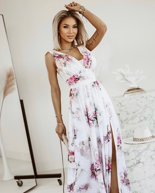 Sukienka długa zwiewna kwiaty biel/róż