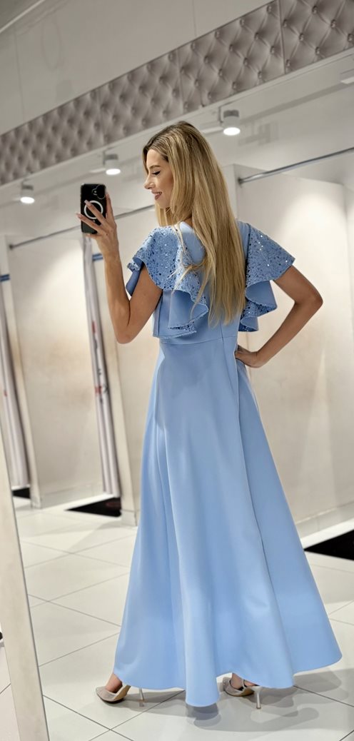 Sukienka długa klosz cekinowy rękawek błękit