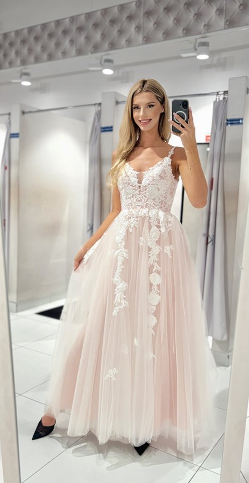 Sukienka długa tiul i koronki po całości biel-róż