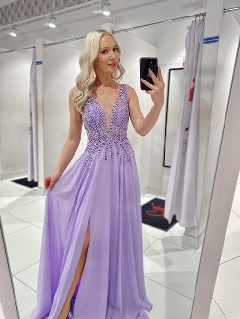 Sukienka długa ozdobna góra kamyczki lila