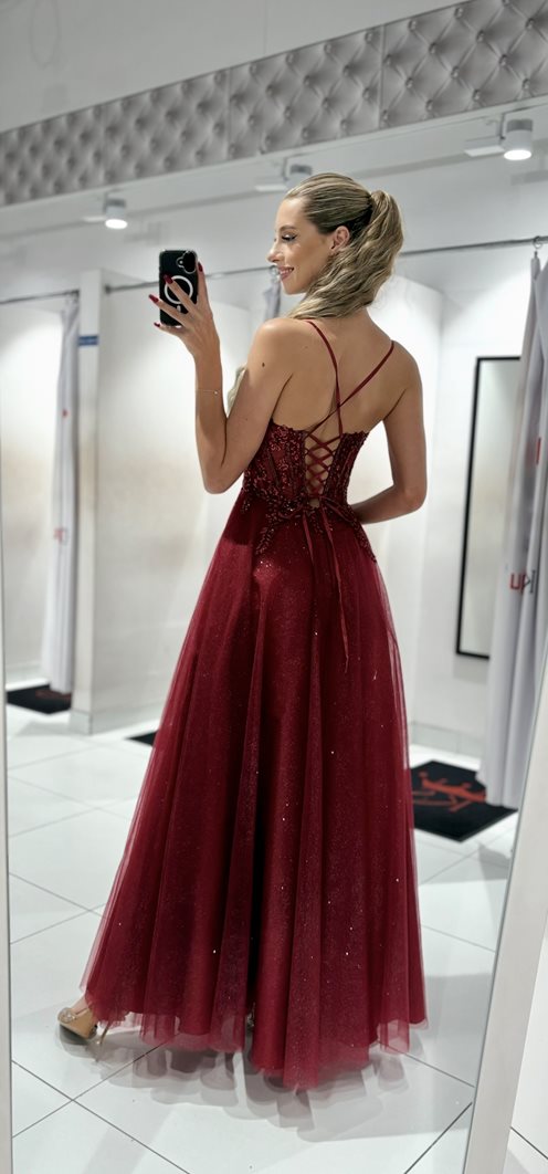 Sukienka długa gorset tiul brokat bordo