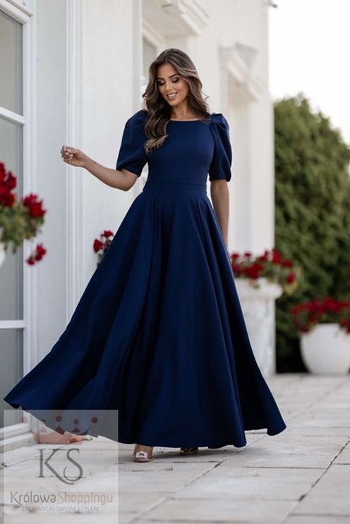 Sukienka długa bufiaste rękawki granat