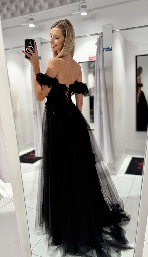 Sukienka długa tiul zdobiony gorset brokat czerń