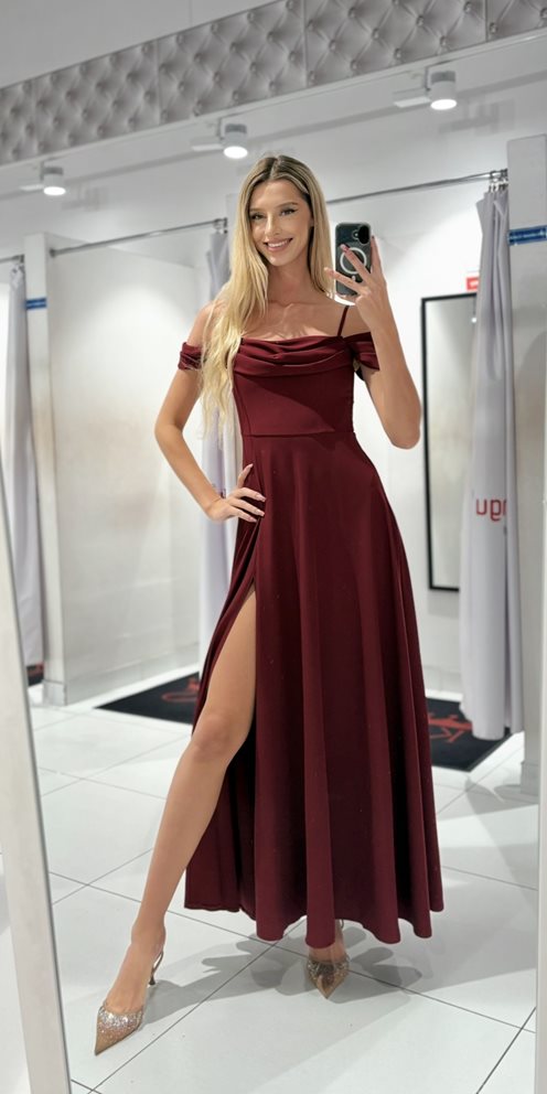 Sukienka długa hiszpanka dekolt woda mat burgund