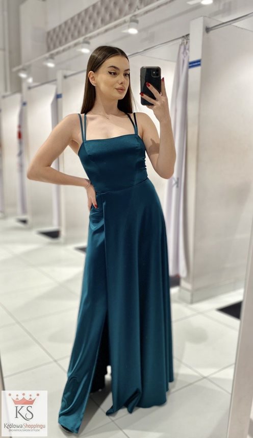 Sukienka długa satyna wiązane plecy morska zieleń