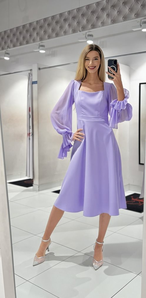 Sukienka midi wiązane rękawki fiołkowy