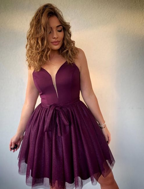 sukienka krótka połysk tiul  fiolet