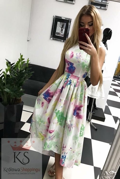 sukienka asymetryczna kwiaty neon