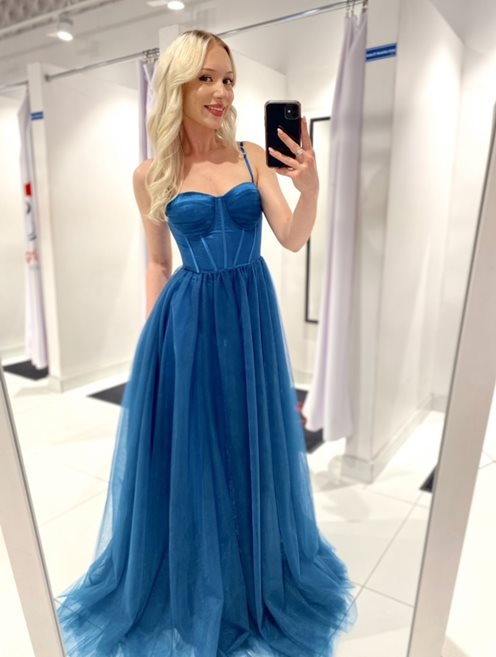 Sukienka długa z gorsetem i tiulem petrol