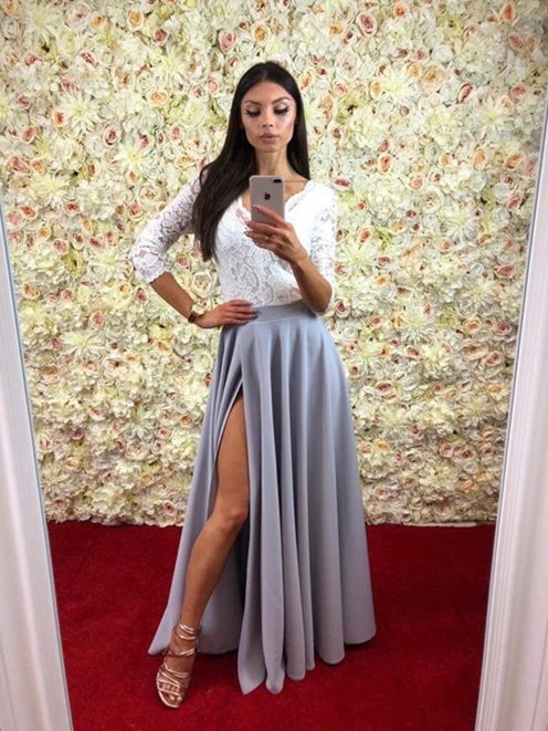 Długa sukienka plecy rękaw biało-szara