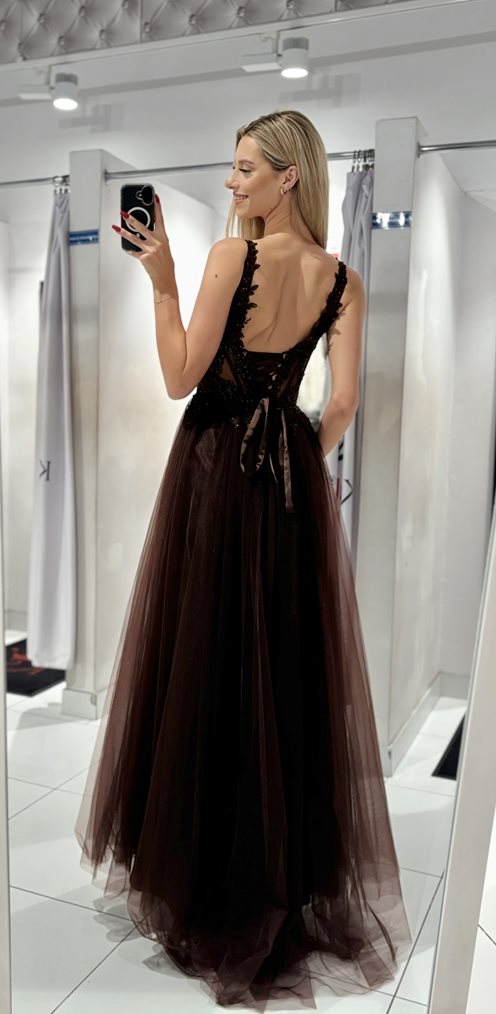 Sukienka długa tiulowa gorset koronka czekolada