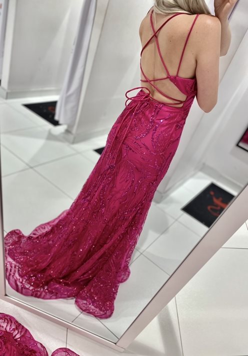 Sukienka długa wzór brokat z cekinami fuksja