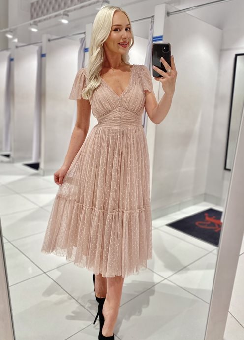 Sukienka midi groszki tiul rękawek beż