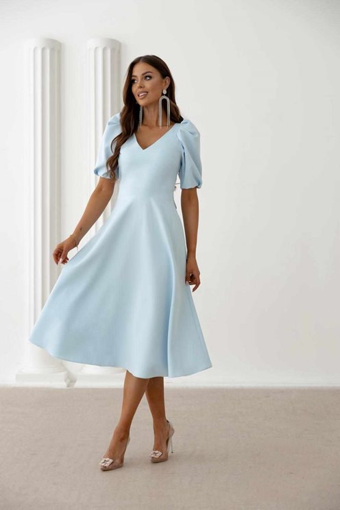 Sukienka midi dekolt bufiaste rękawki błękit