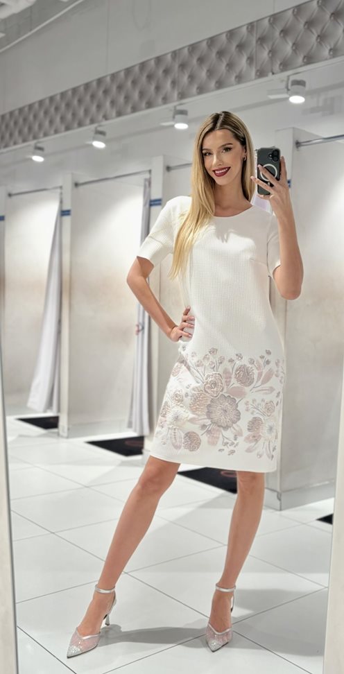 Sukienka krótka prosta dół w kwiaty róż/biel