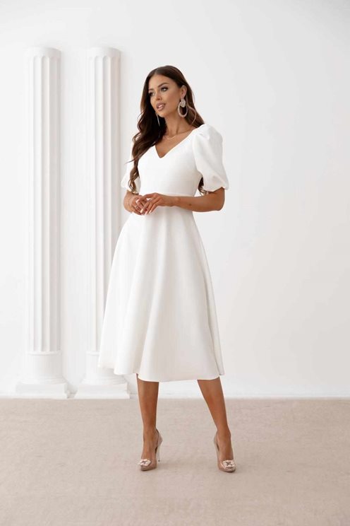 Sukienka midi dekolt bufiaste rękawki biel