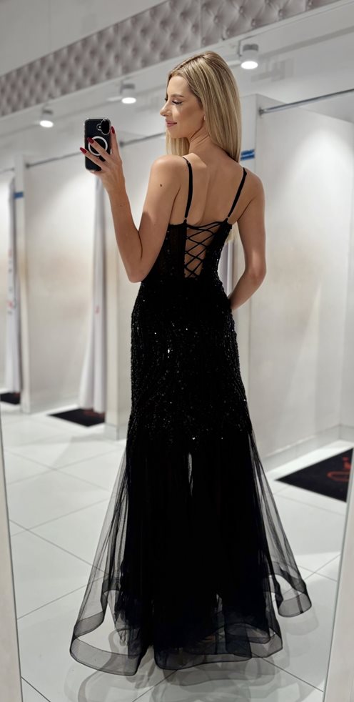 Sukienka rybka cekinowa wiązany gorset czerń