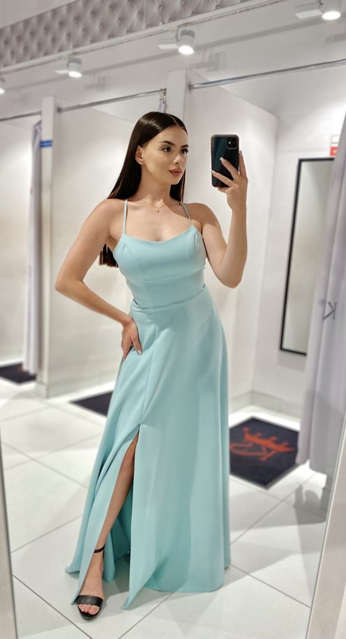 Sukienka długa ramiączka wiązanie pas szałwia