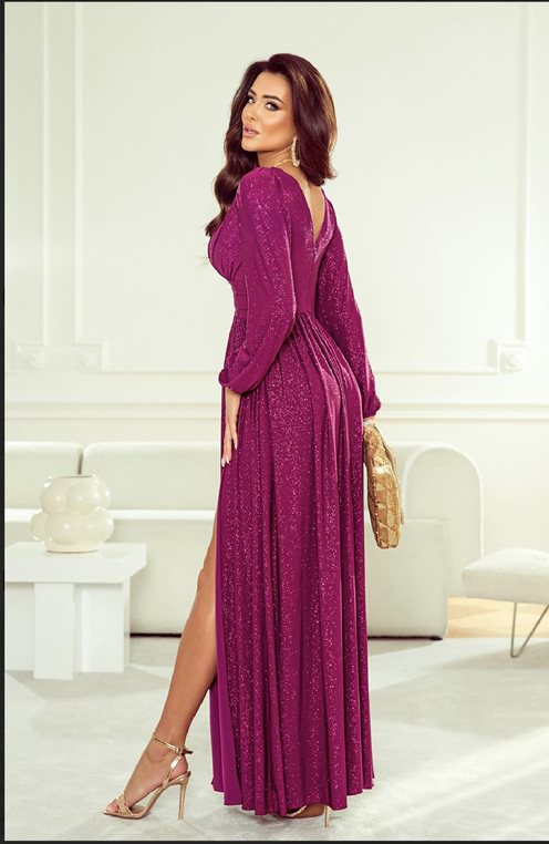 Sukienka długa brokat odcięcie długi rękaw śliwka