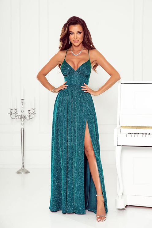 Długa sukienka na ramiączkach brokatowa turkus