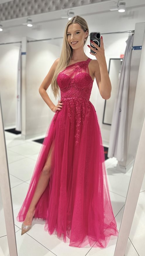 Sukienka długa tiul asymetria kwiaty brokat fuksja