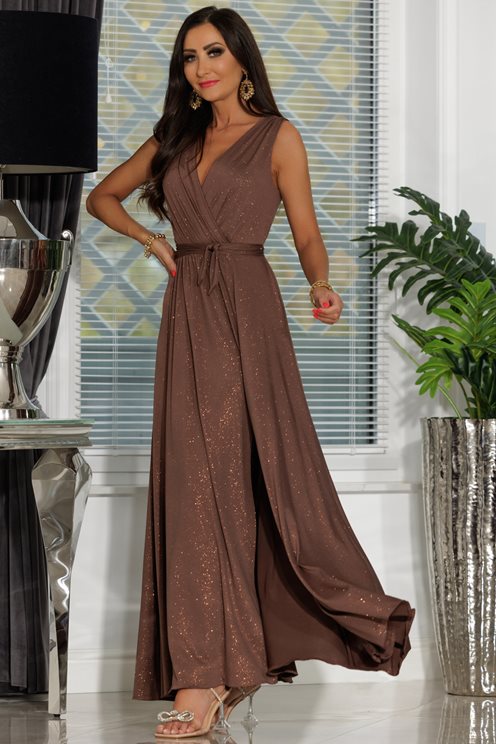 Długa sukienka fala dekolt brokat brąz