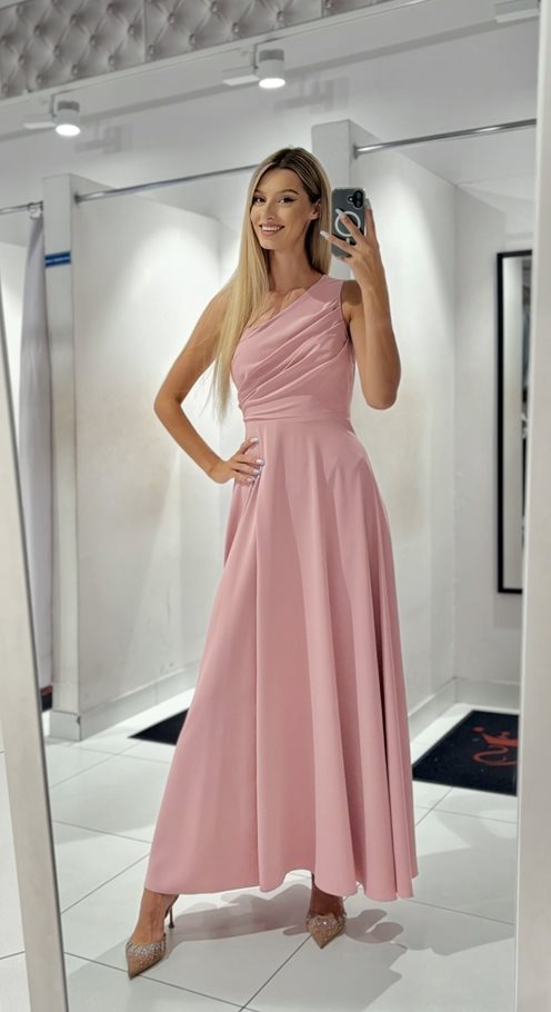 Sukienka długa asymetryczne wiązanie pudrowy róż