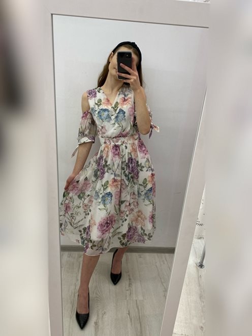 Sukienka midi kwiatowa wiązany rękaw biały/zielony