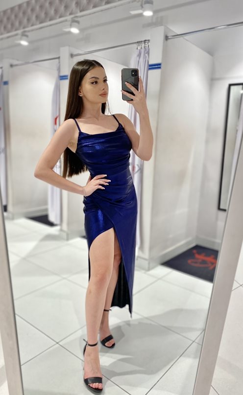 Sukienka długa ramiączka metaliczny granat