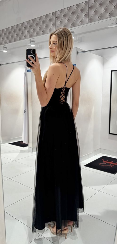 Sukienka długa wiązanie błysk tiul czerń