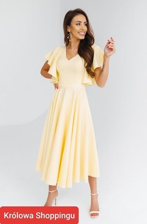 Sukienka midi gładka rękaw falbanki żółta