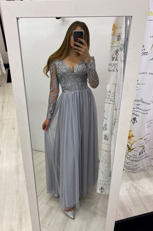 Długa sukienka rękawek tiul szara