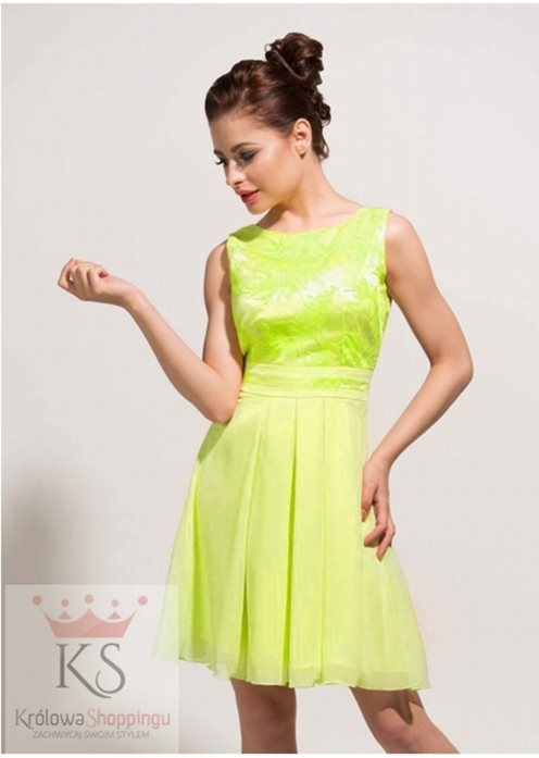 Sukienka tiulowa koronkowe piórka limonka