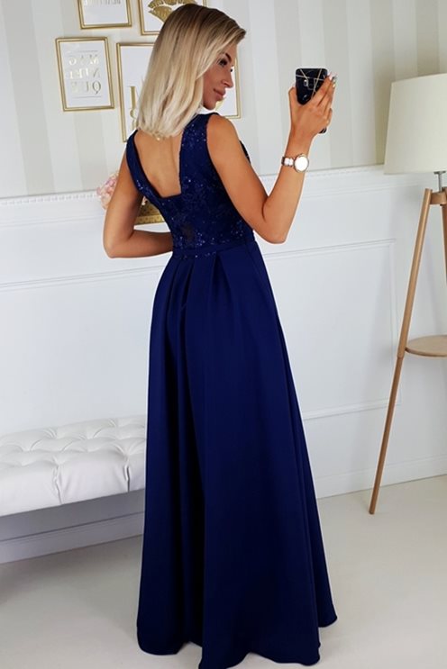 Długa sukienka z rozcięciem kokardka granat