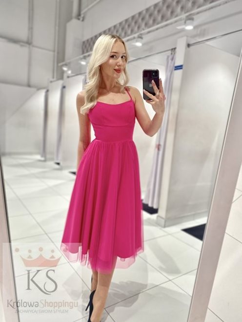 Sukienka midi ramiączka wiązanie tiul róż