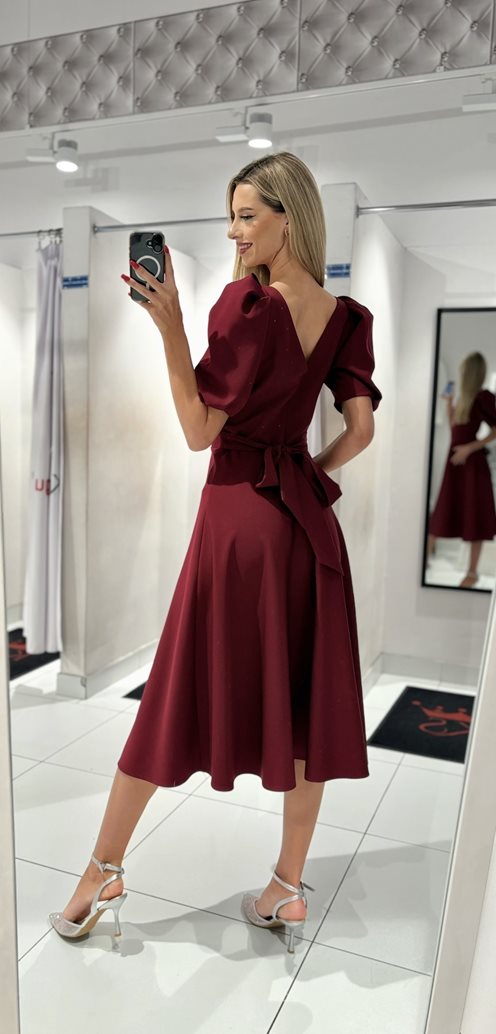 Sukienka midi bufiaste rękawki bordo