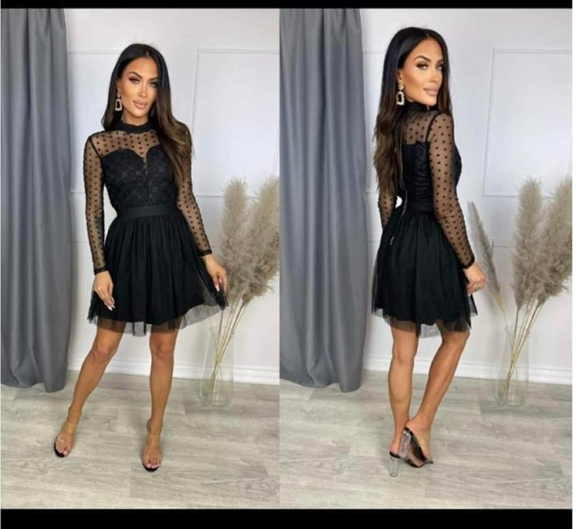 Sukienka krótka z długim rękawem koronka czarna