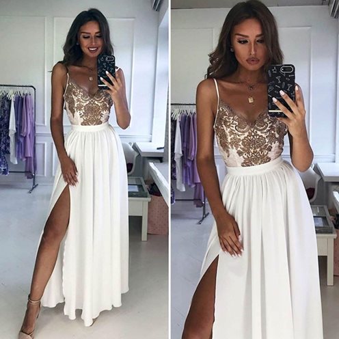 Długa sukienka na cienkich ramiączkach biel-khaki