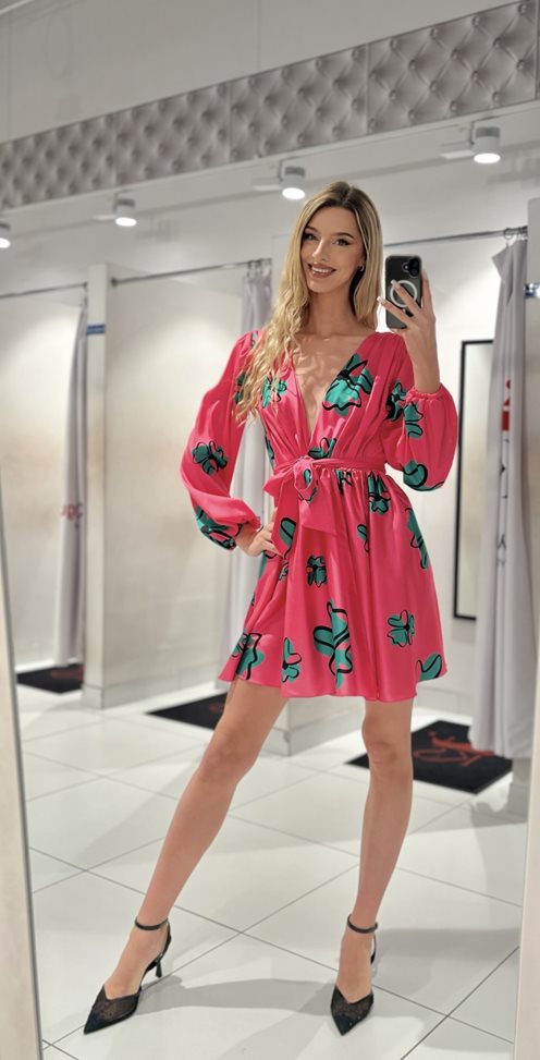 Sukienka krótka z ściągaczem w talii róż/zieleń