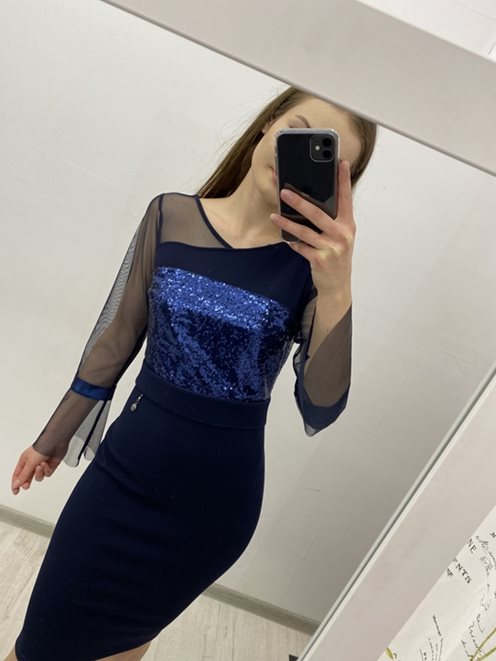 Sukienka do kolana rękaw siateczka cekiny granat