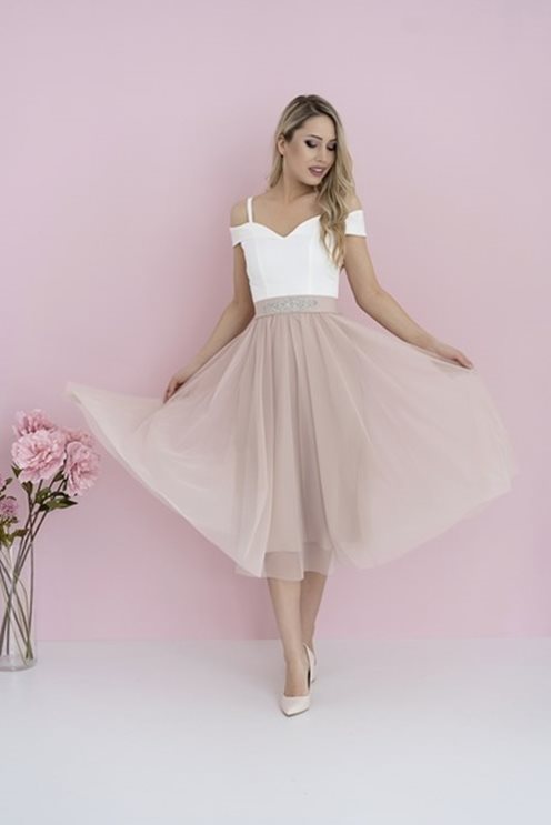 Sukienka midi hiszpanka z tiulem biało-beżowa